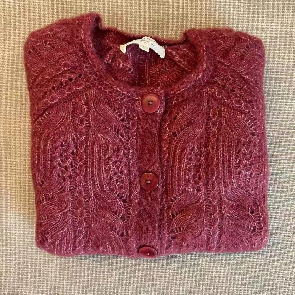 BEST Sezane Alma Cardigan Small Rosewood Pink Kid Mohair Sweater Knit French - Picture 5 of 11